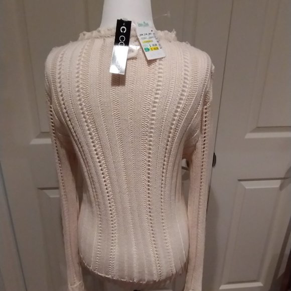 Long, V-Neck, Cable Knit Off White Pullover Sweater MEDIUM 100% Cotton - Picture 2 of 5